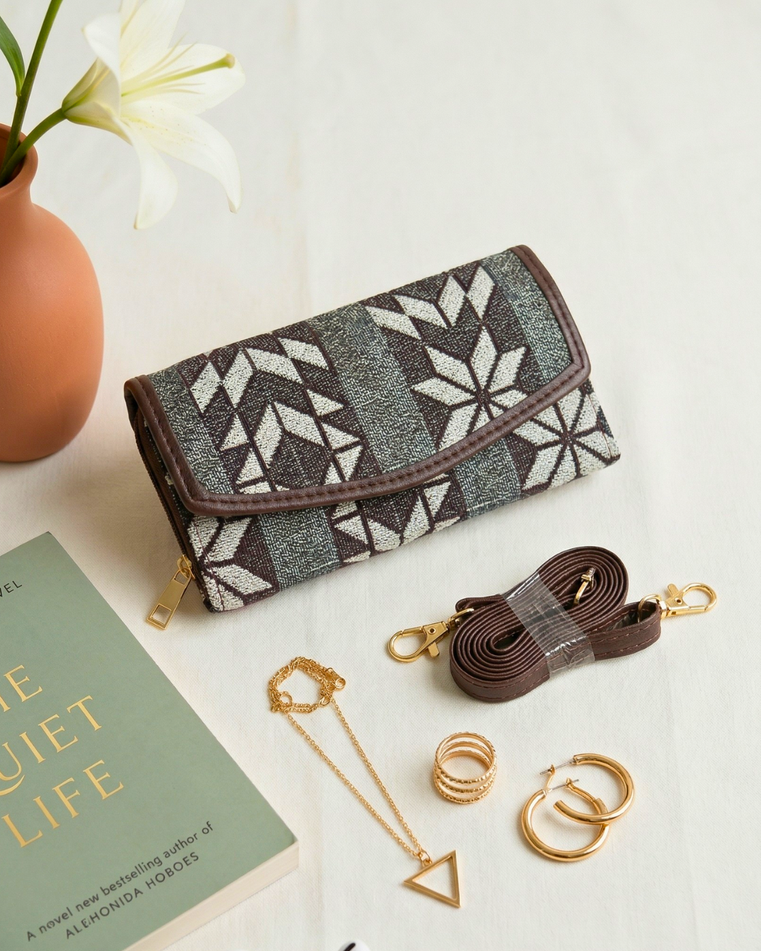 Stylish and Compact Jacquard Sling Wallet - Grey Weave - Surovi Bags