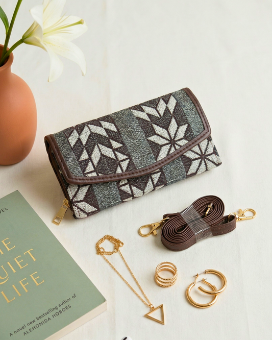 Stylish and Compact Jacquard Sling Wallet - Grey Weave - Surovi Bags