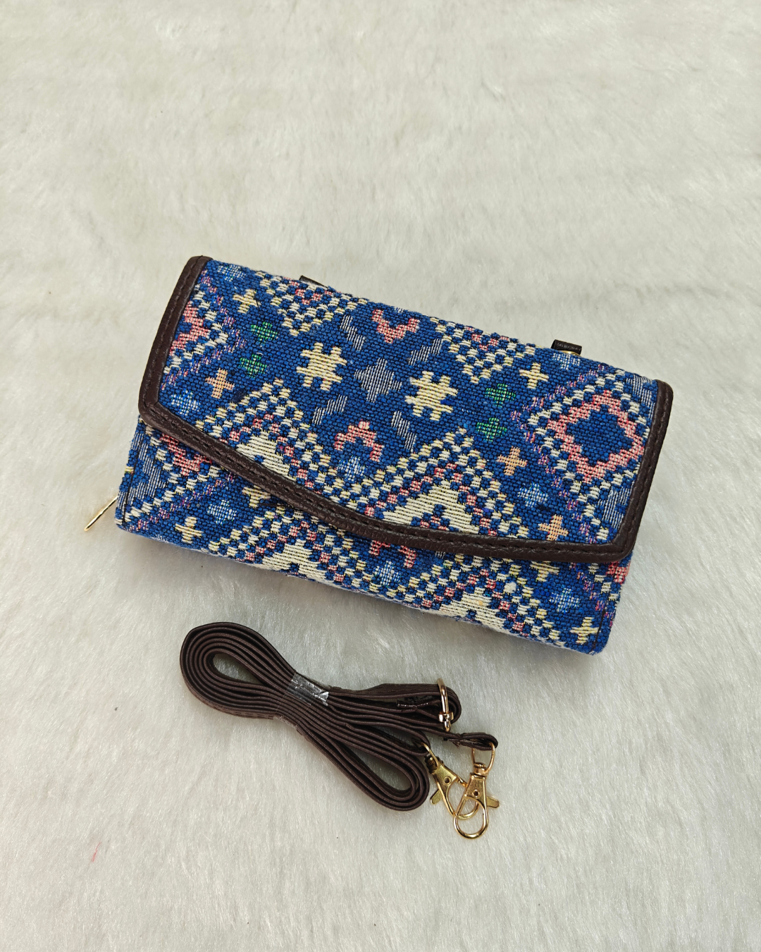 Stylish and Compact Jacquard Sling Wallet - Blue Weave - Surovi Bags