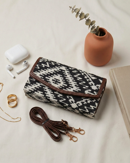 Stylish and Compact Jacquard Sling Wallet - Black Tribal Weave - Surovi Bags
