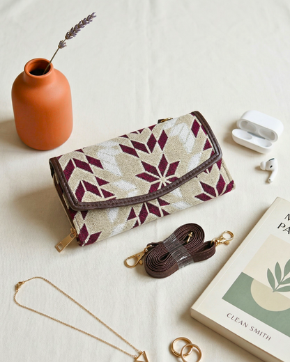 Stylish and Compact Jacquard Sling Wallet - Beige - Surovi Bags