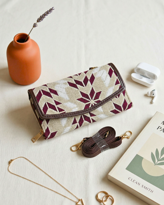 Stylish and Compact Jacquard Sling Wallet - Beige - Surovi Bags