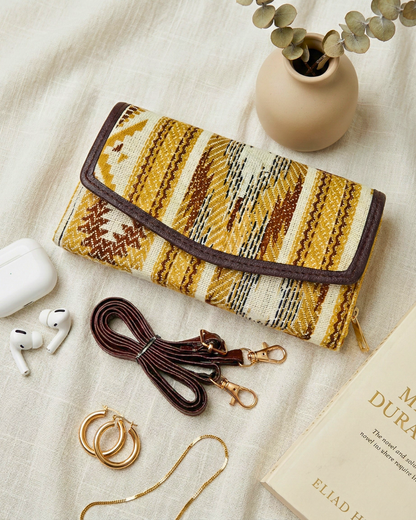 Stylish and Compact Jacquard Sling Wallet - Yellow Weave - Surovi Bags