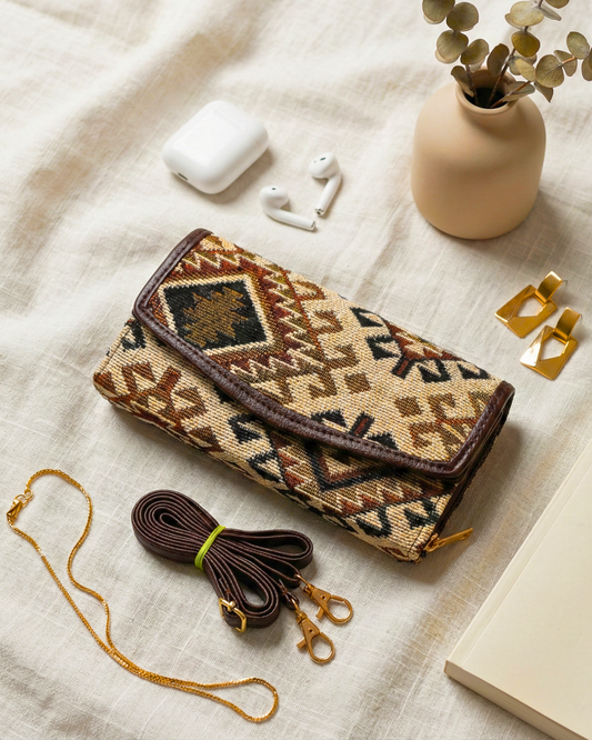 Stylish and Compact Jacquard Sling Wallet - Beige Weave - Surovi Bags