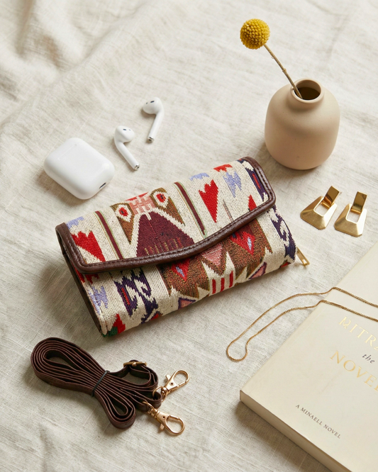 Stylish and Compact Jacquard Sling Wallet - Tribal Weave - Surovi Bags