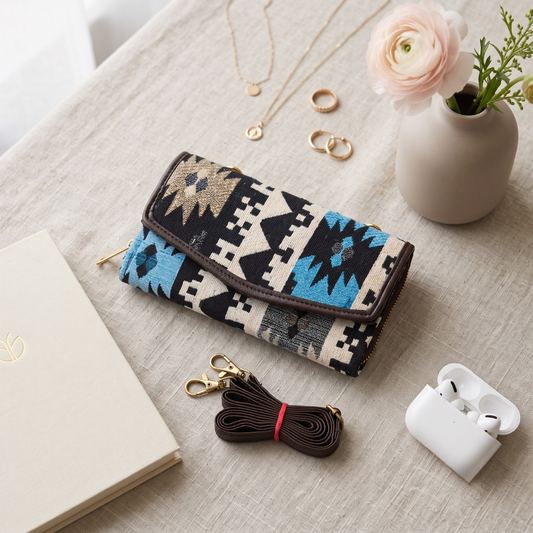 Stylish and Compact Jacquard Sling Wallet - Blue Tribal Weave