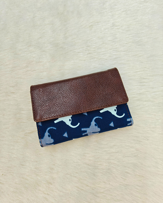 Ikat Elegance: Stylish 3-Fold Wallet in Vibrant Fabric - Blue Elephant