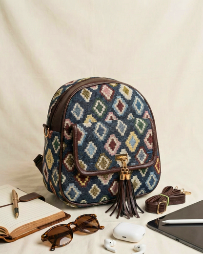 Jacquard Convertible Backpack cum Sling Bag - Blue Multi Weave