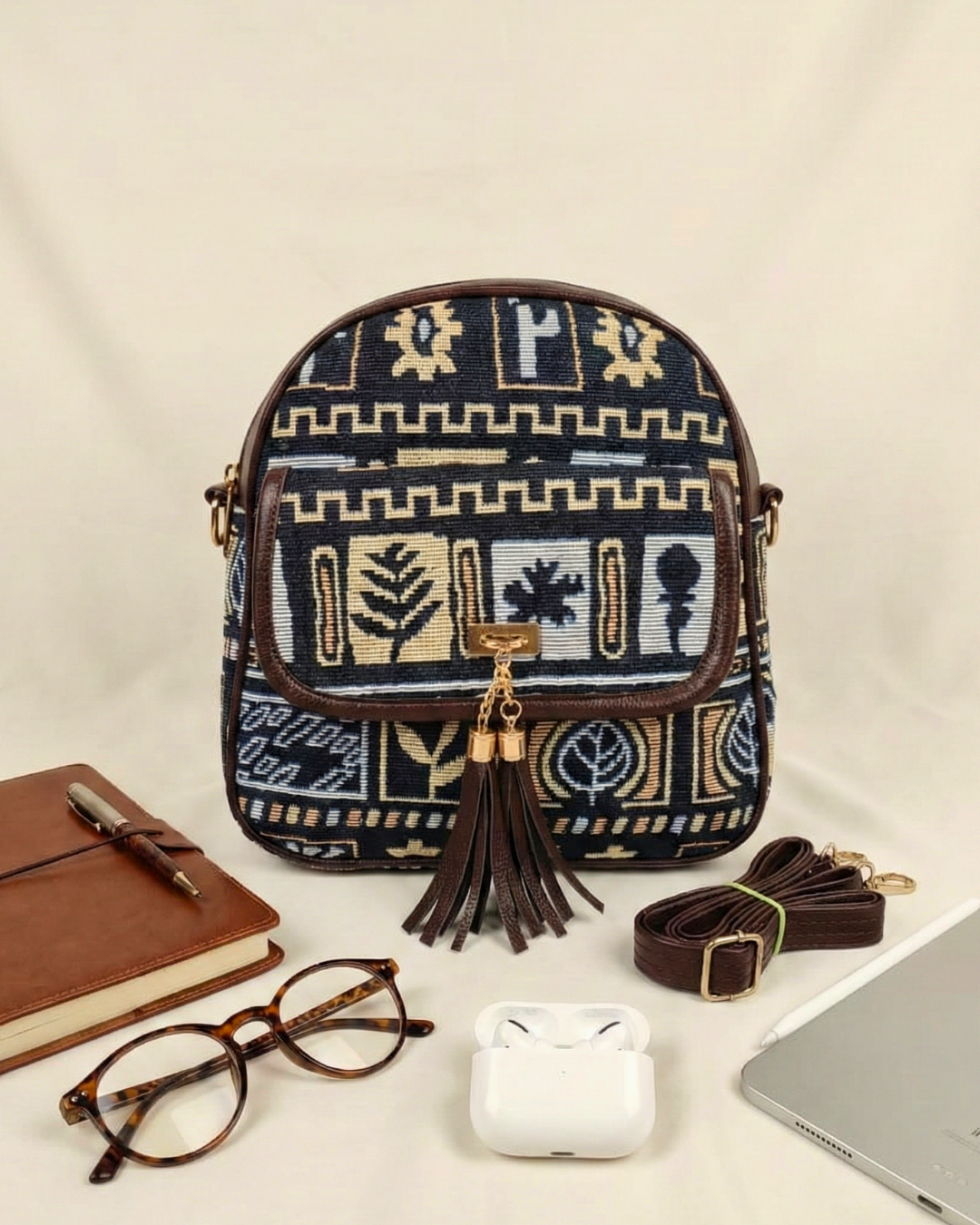 Jacquard Convertible Backpack cum Sling Bag - Blue Weave