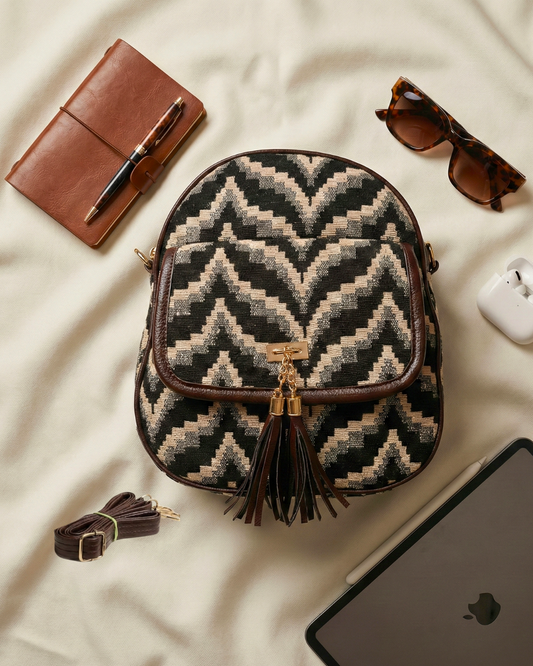 Jacquard Convertible Backpack cum Sling Bag - MonoChrome