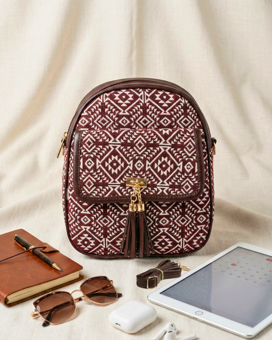 Jacquard Convertible Backpack cum Sling Bag - Red Weave