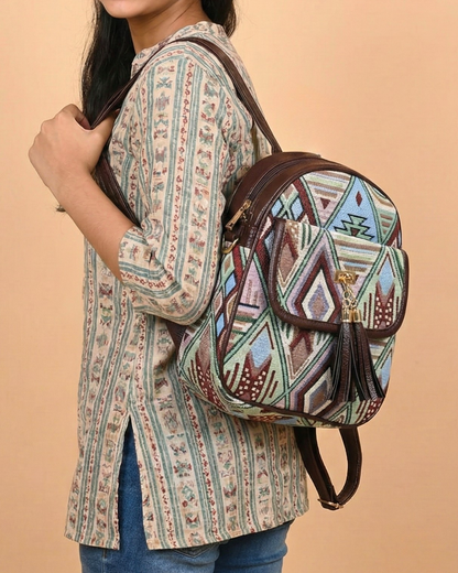 Jacquard Convertible Backpack cum Sling Bag - Green