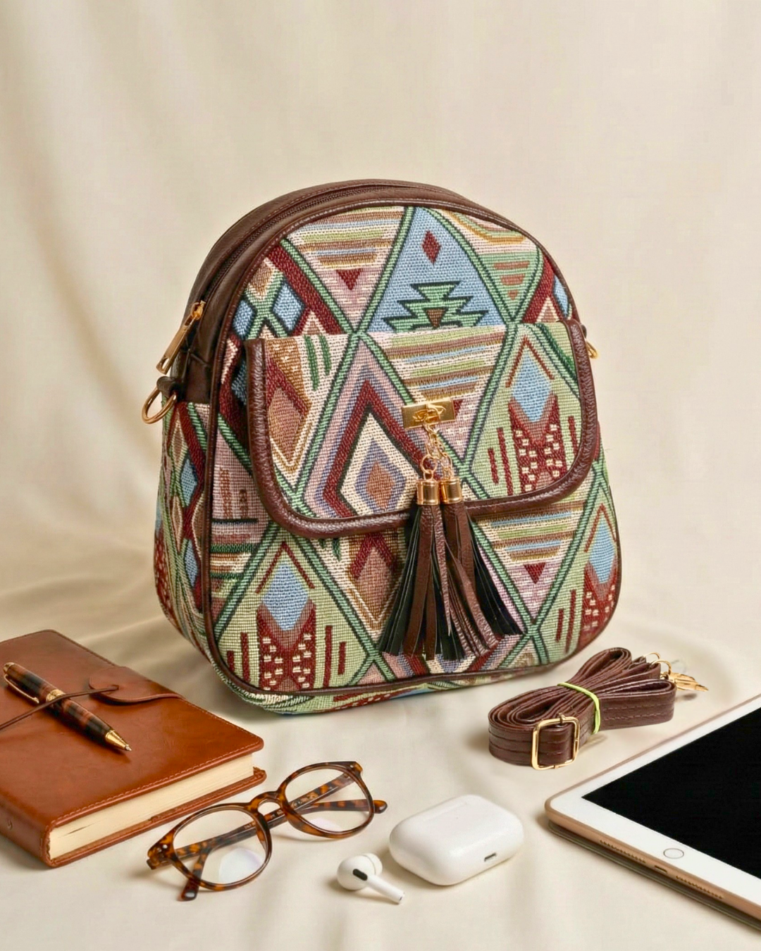 Jacquard Convertible Backpack cum Sling Bag - Green