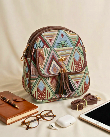 Jacquard Convertible Backpack cum Sling Bag - Green