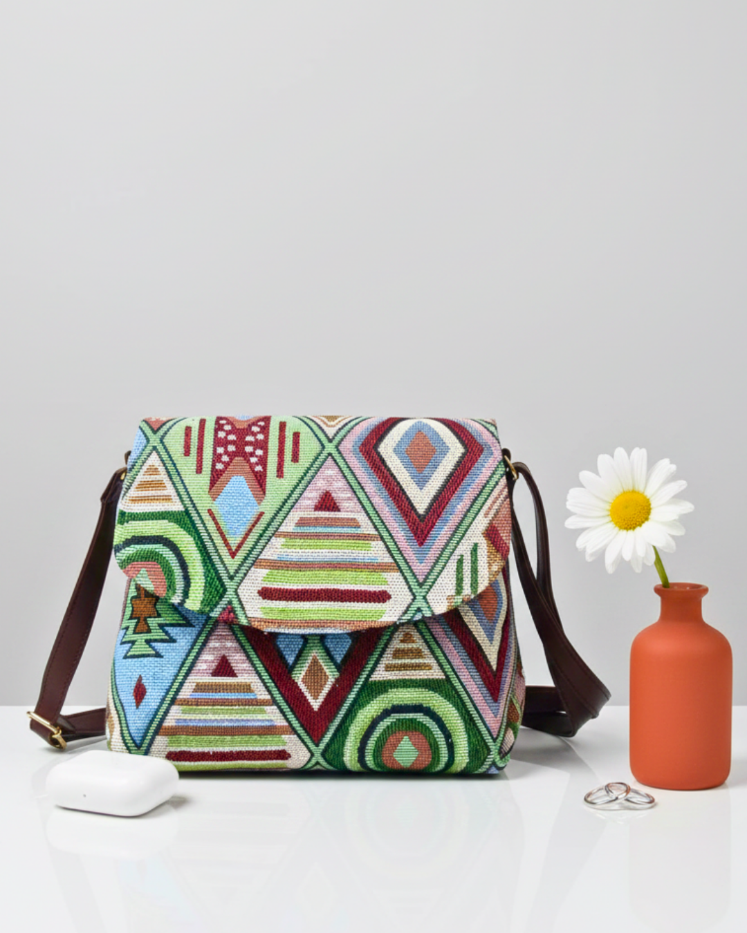 Jacquard Flap Sling Bag - Earthy Tribal