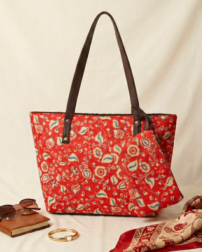 Everyday Tote bag and Pouch Combo -Red Kalamkari