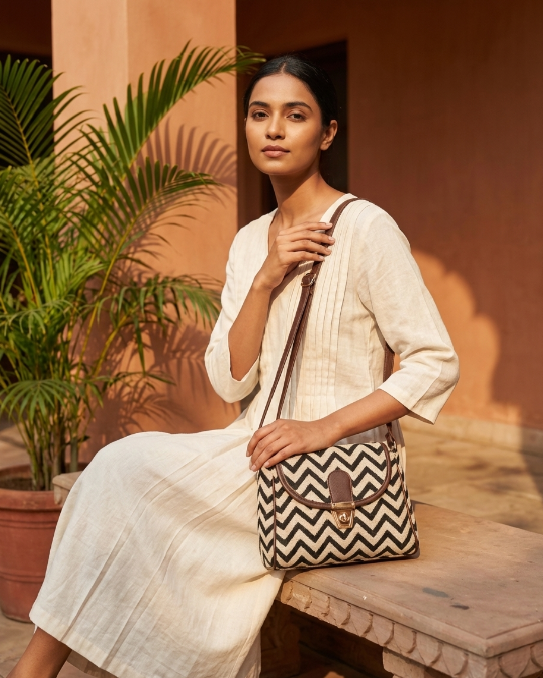 Jacquard Cotton Turn Button Sling Bag - Wave - Surovi Bags