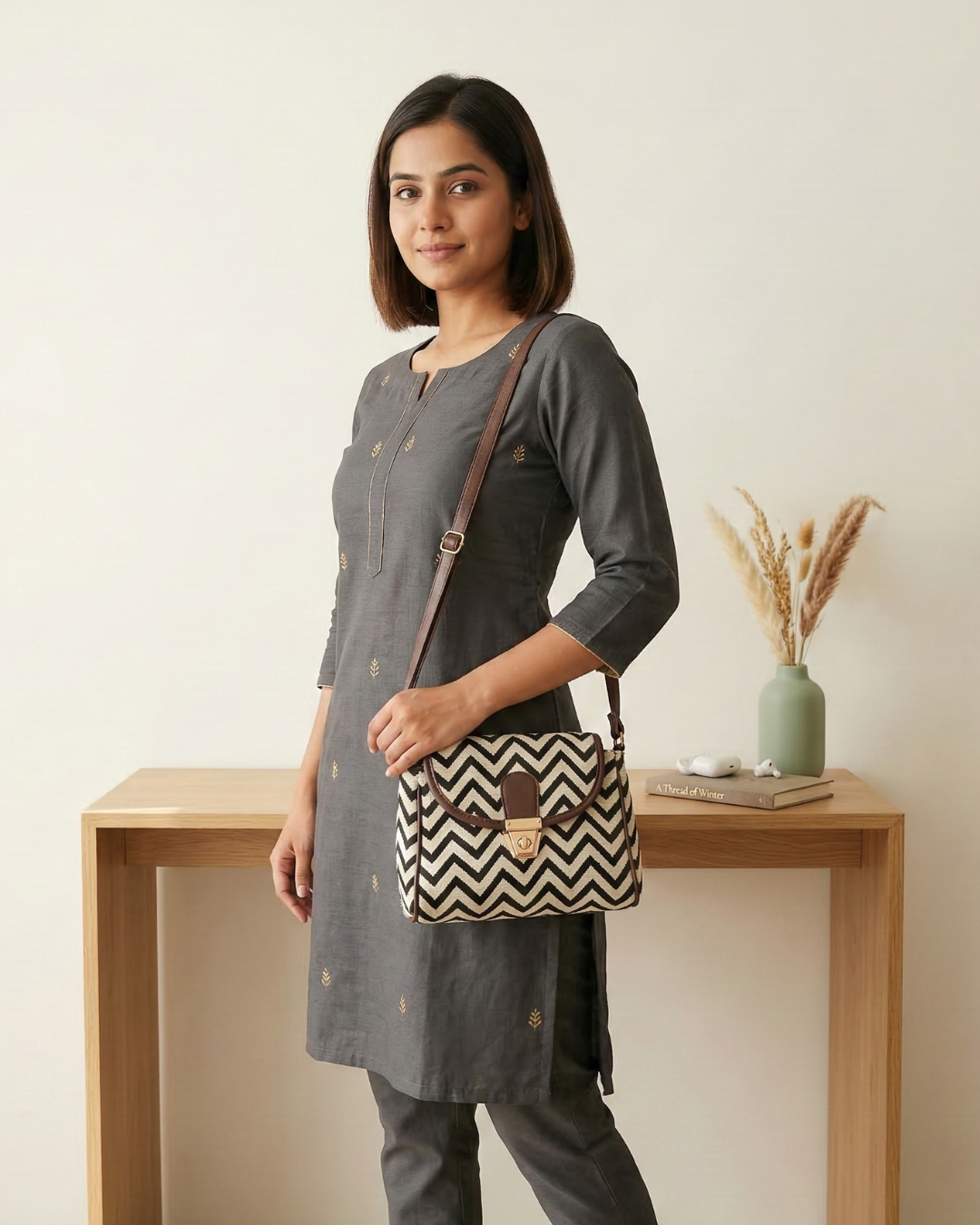 Jacquard Cotton Turn Button Sling Bag - Wave - Surovi Bags