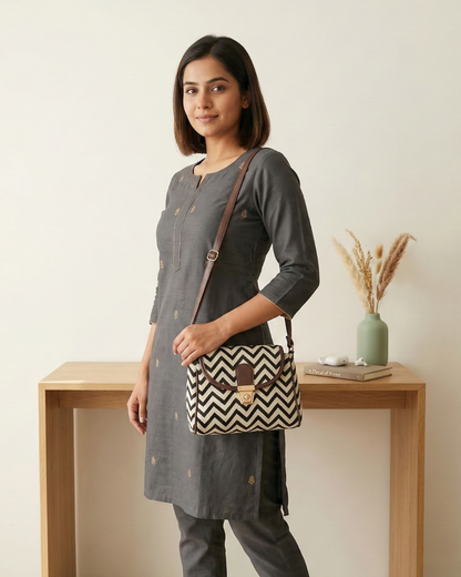 Jacquard Cotton Turn Button Sling Bag - Wave - Surovi Bags