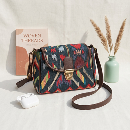 Jacquard Cotton Turn Button Sling Bag - Black Tribal Weave