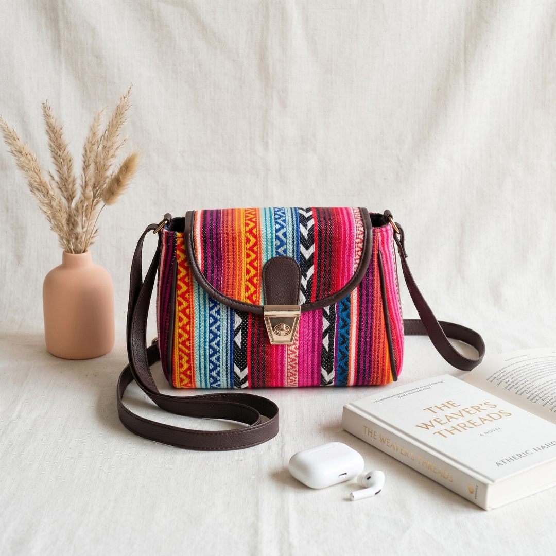 Jacquard Cotton Turn Button Sling Bag - Multi Color
