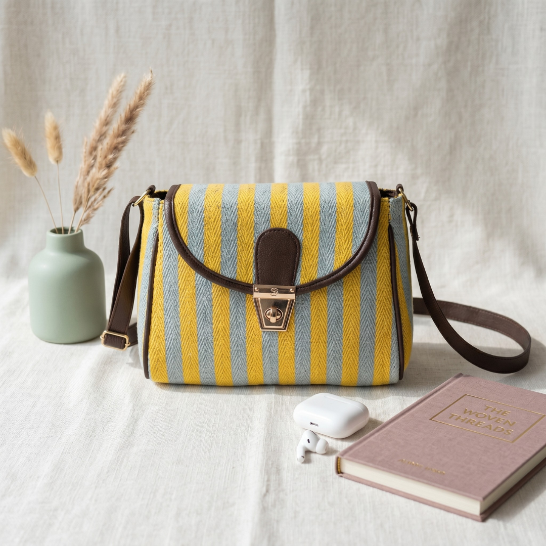 Jacquard Cotton Turn Button Sling Bag - Yellow Weave