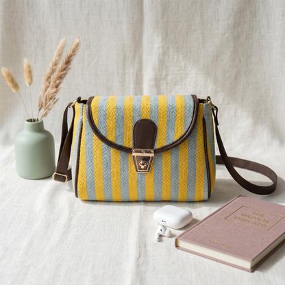 Jacquard Cotton Turn Button Sling Bag - Yellow Weave