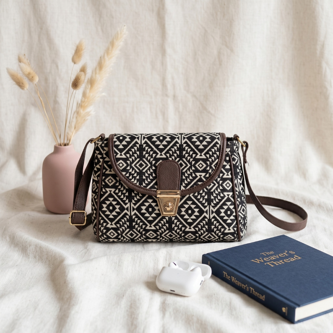 Jacquard Cotton Turn Button Sling Bag - Black Weave
