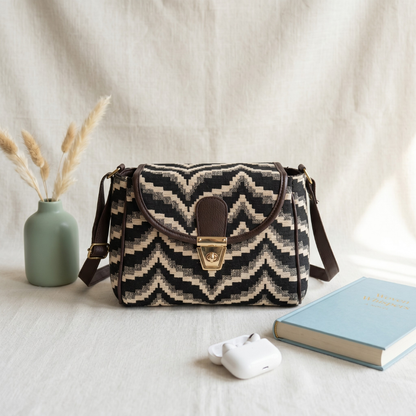 Jacquard Cotton Turn Button Sling Bag - Grey Wave