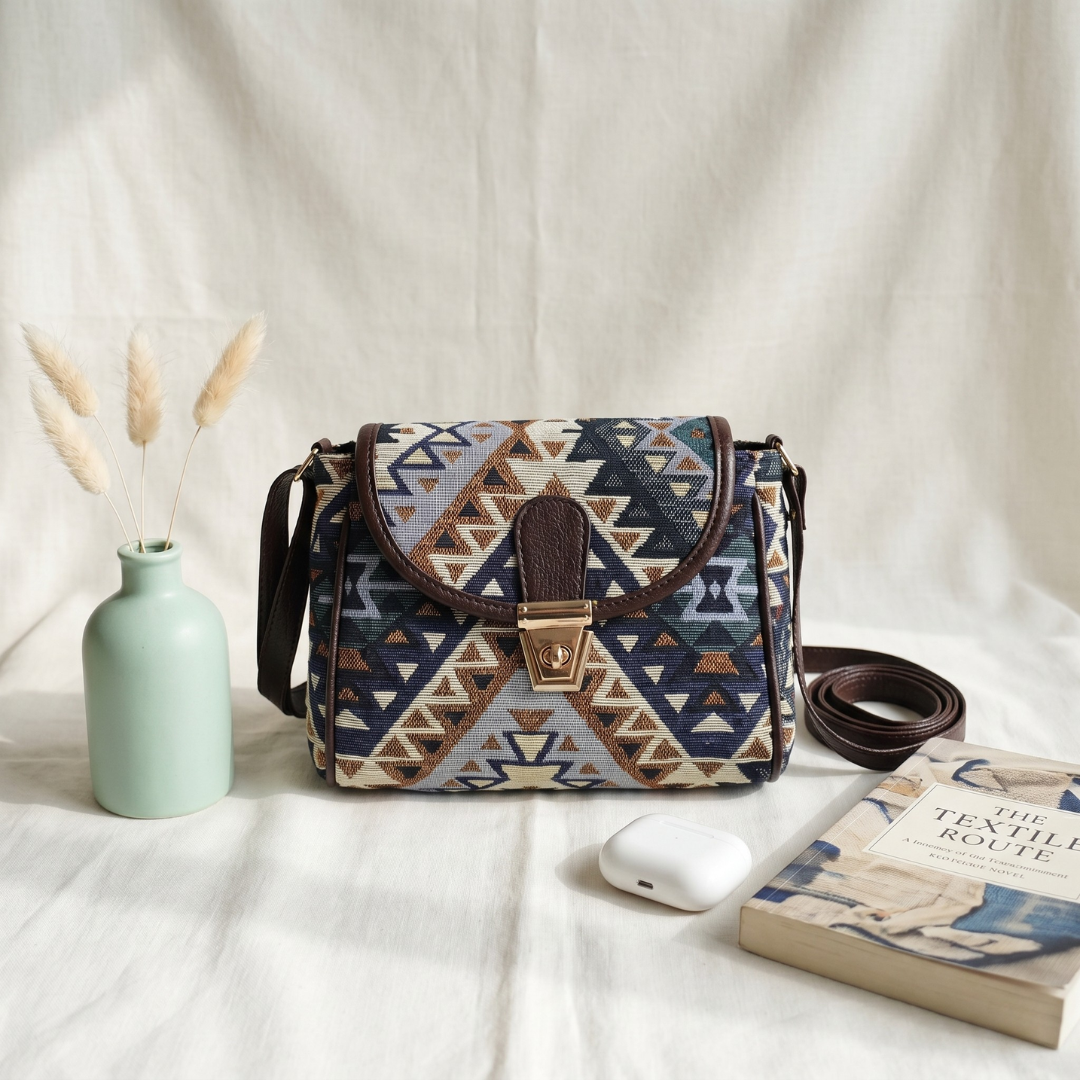 Jacquard Cotton Turn Button Sling Bag - Blue Weave