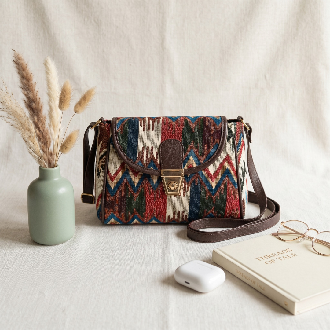 Jacquard Cotton Turn Button Sling Bag - Tribal Weave