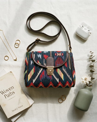 Jacquard Cotton Turn Button Sling Bag - Black Tribal Weave