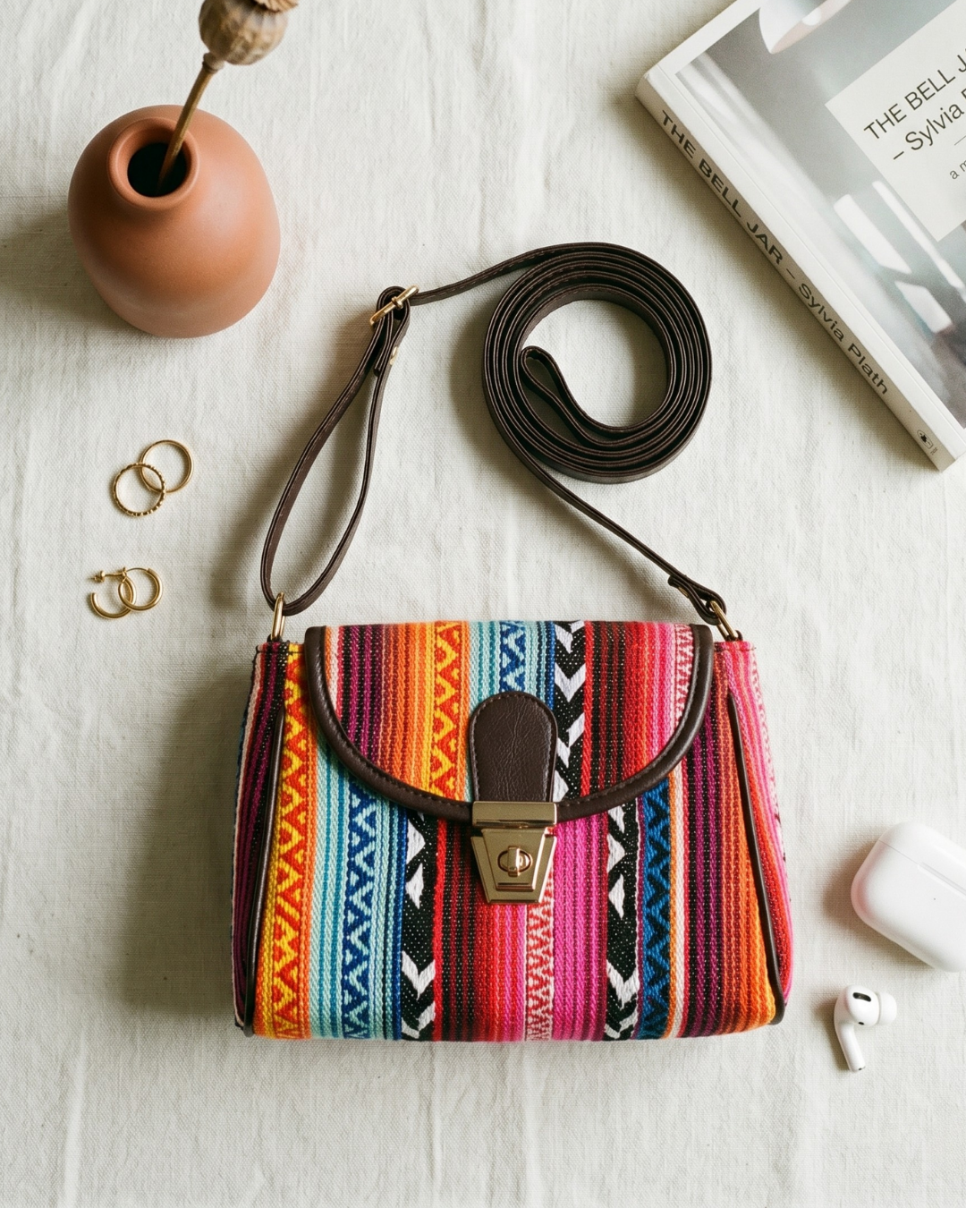 Jacquard Cotton Turn Button Sling Bag - Multi Color