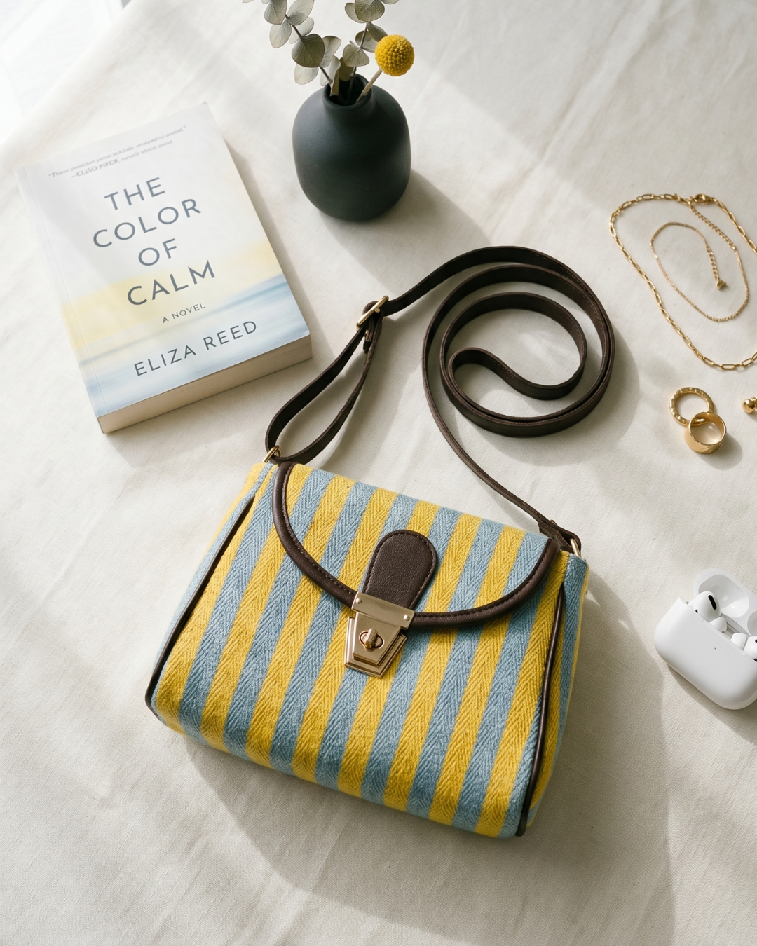 Jacquard Cotton Turn Button Sling Bag - Yellow Weave
