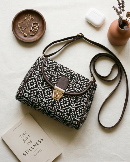 Jacquard Cotton Turn Button Sling Bag - Black Weave