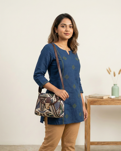 Jacquard Cotton Turn Button Sling Bag - Tribal Weave - Surovi Bags