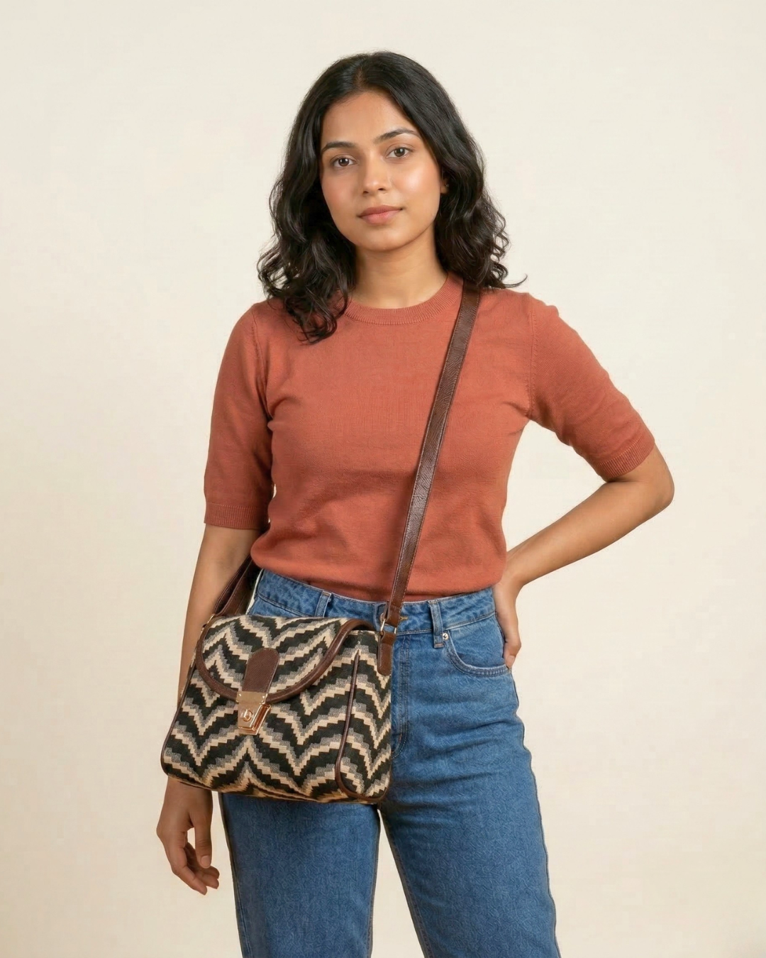 Jacquard Cotton Turn Button Sling Bag - Grey Wave - Surovi Bags