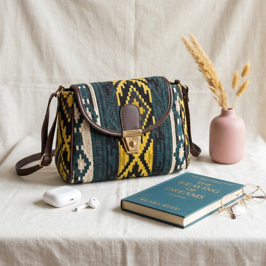 Jacquard Cotton Turn Button Sling Bag - Green Floral - Surovi Bags