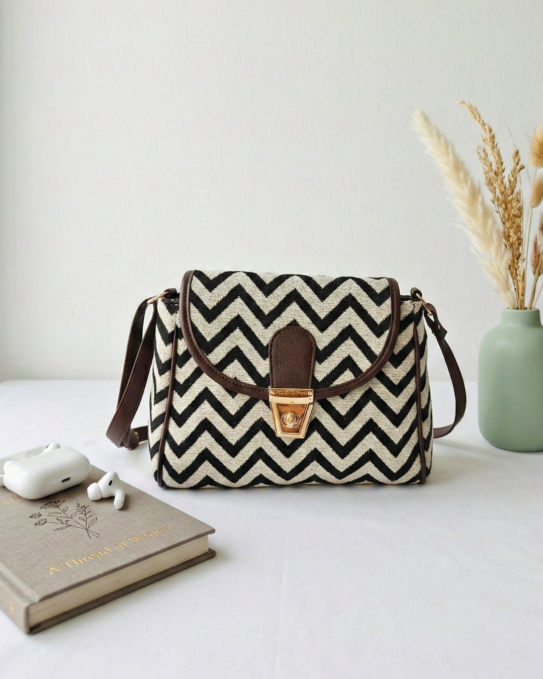 Jacquard Cotton Turn Button Sling Bag - Wave - Surovi Bags