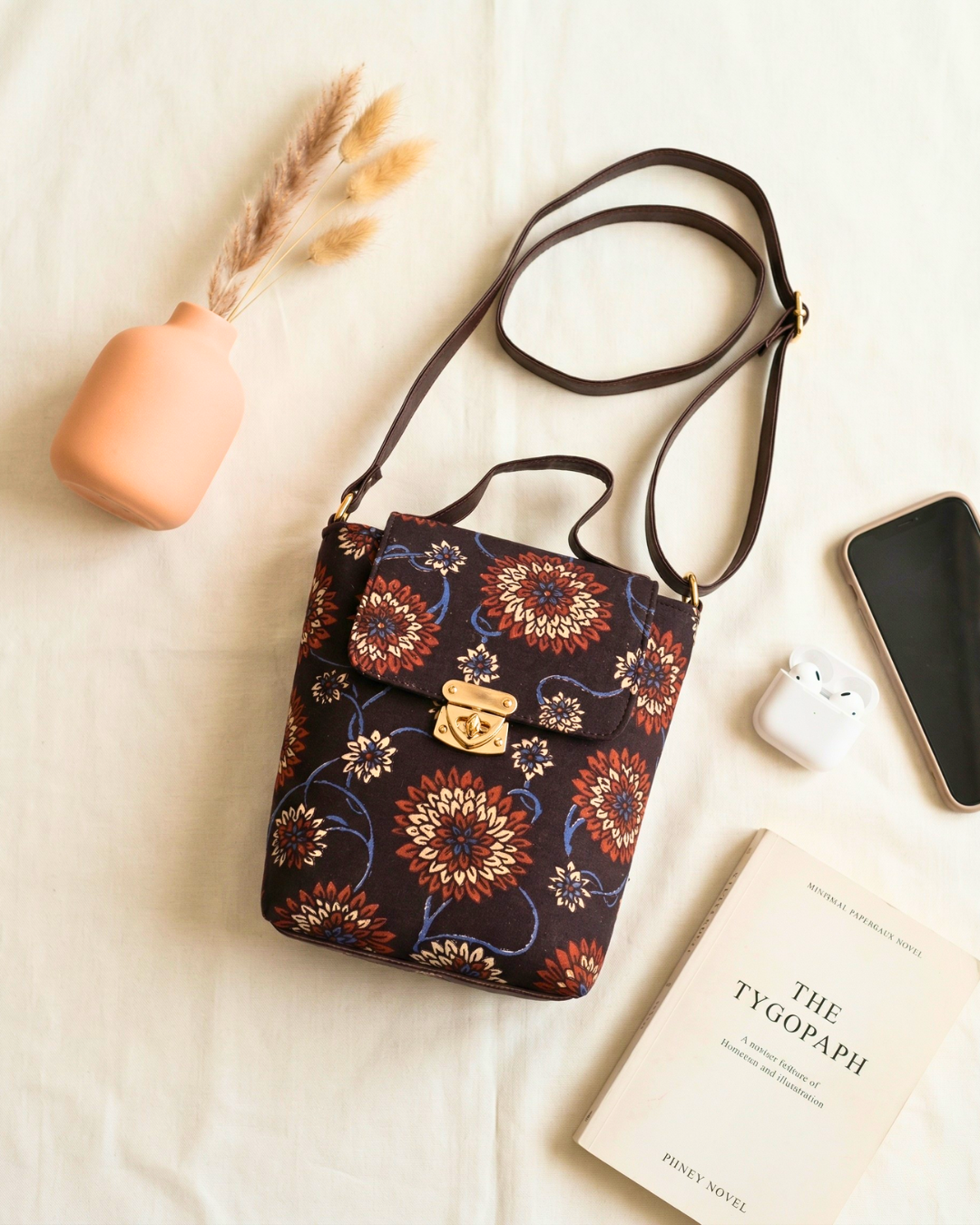 Printed Cotton Double Handle Sling - Charcoal Floral Sling - Surovi Bags