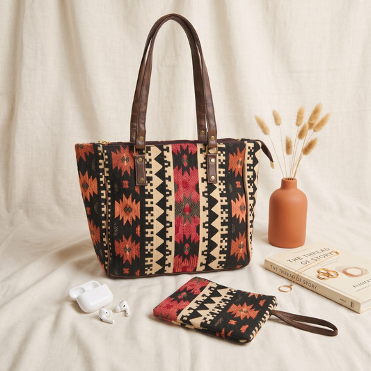 UT Jacquard 3-Partition Tote Bag with Free Phone Pouch - Orange Tribal Weave
