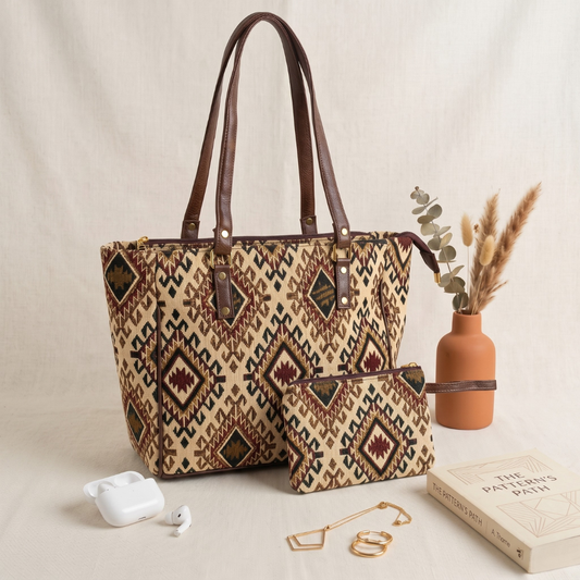 UT Jacquard 3-Partition Tote Bag with Free Phone Pouch - Beige Weave