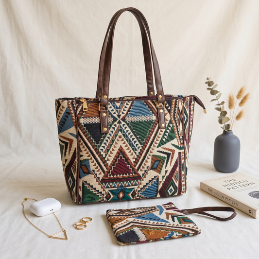 UT Jacquard 3-Partition Tote Bag with Free Phone Pouch - Green Tribal Weave