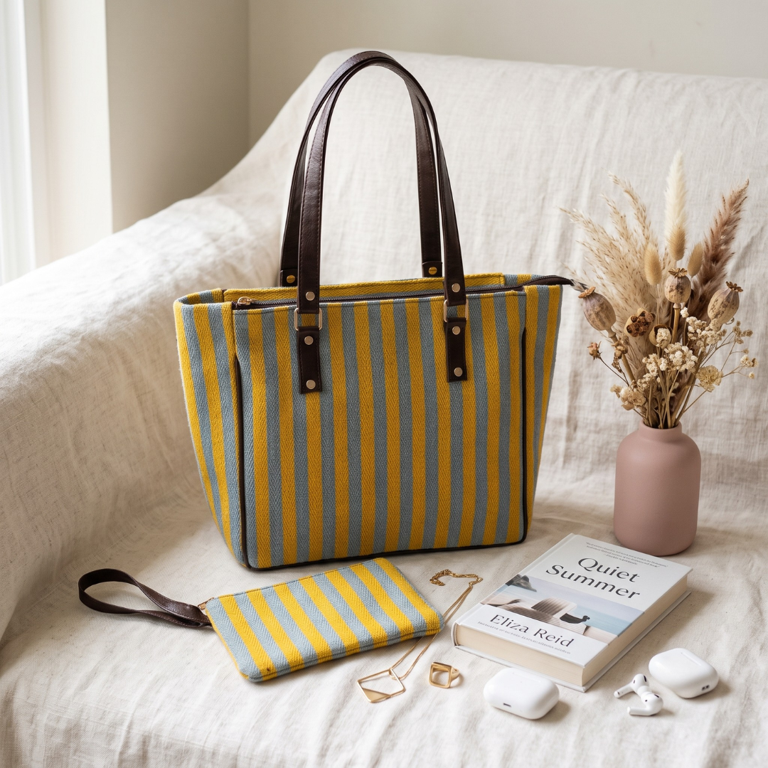 UT Jacquard 3-Partition Tote Bag with Free Phone Pouch - Yellow Strips