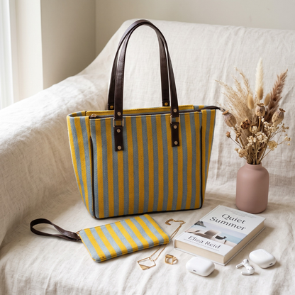 UT Jacquard 3-Partition Tote Bag with Free Phone Pouch - Yellow Strips