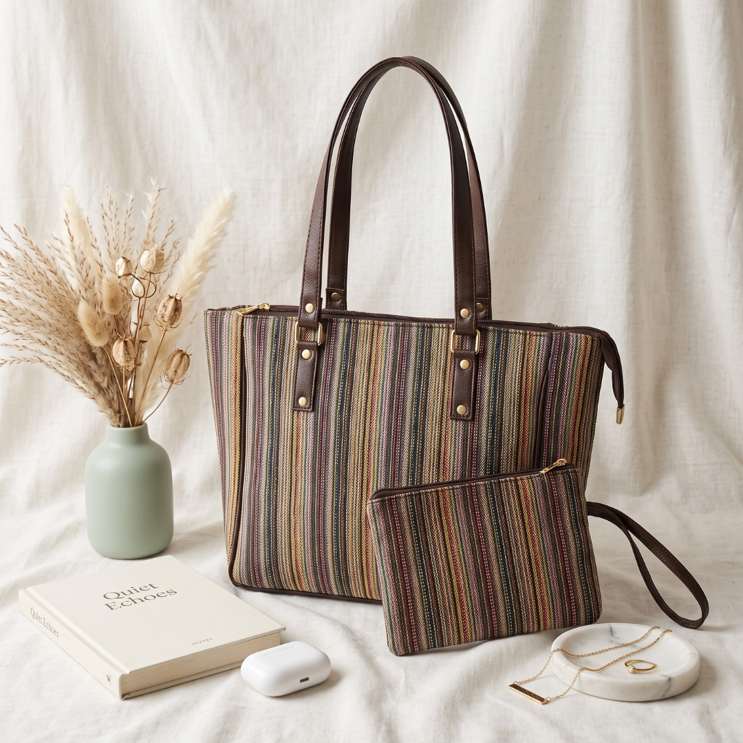 UT Jacquard 3-Partition Tote Bag with Free Phone Pouch - Golden Weave