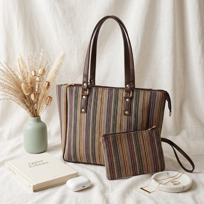 UT Jacquard 3-Partition Tote Bag with Free Phone Pouch - Golden Weave