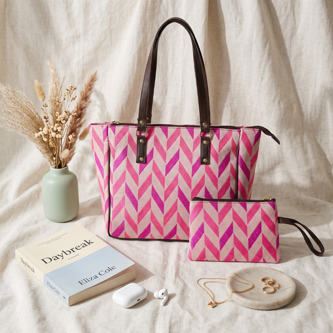 UT Jacquard 3-Partition Tote Bag with Free Phone Pouch - Pink Weave