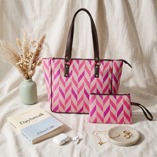 UT Jacquard 3-Partition Tote Bag with Free Phone Pouch - Pink Weave