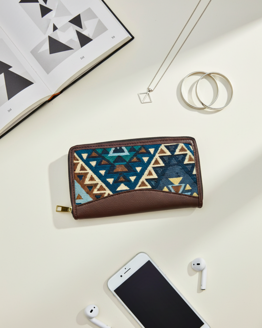 Jacquard Women Zipper Wallet - Blue Beige Weave